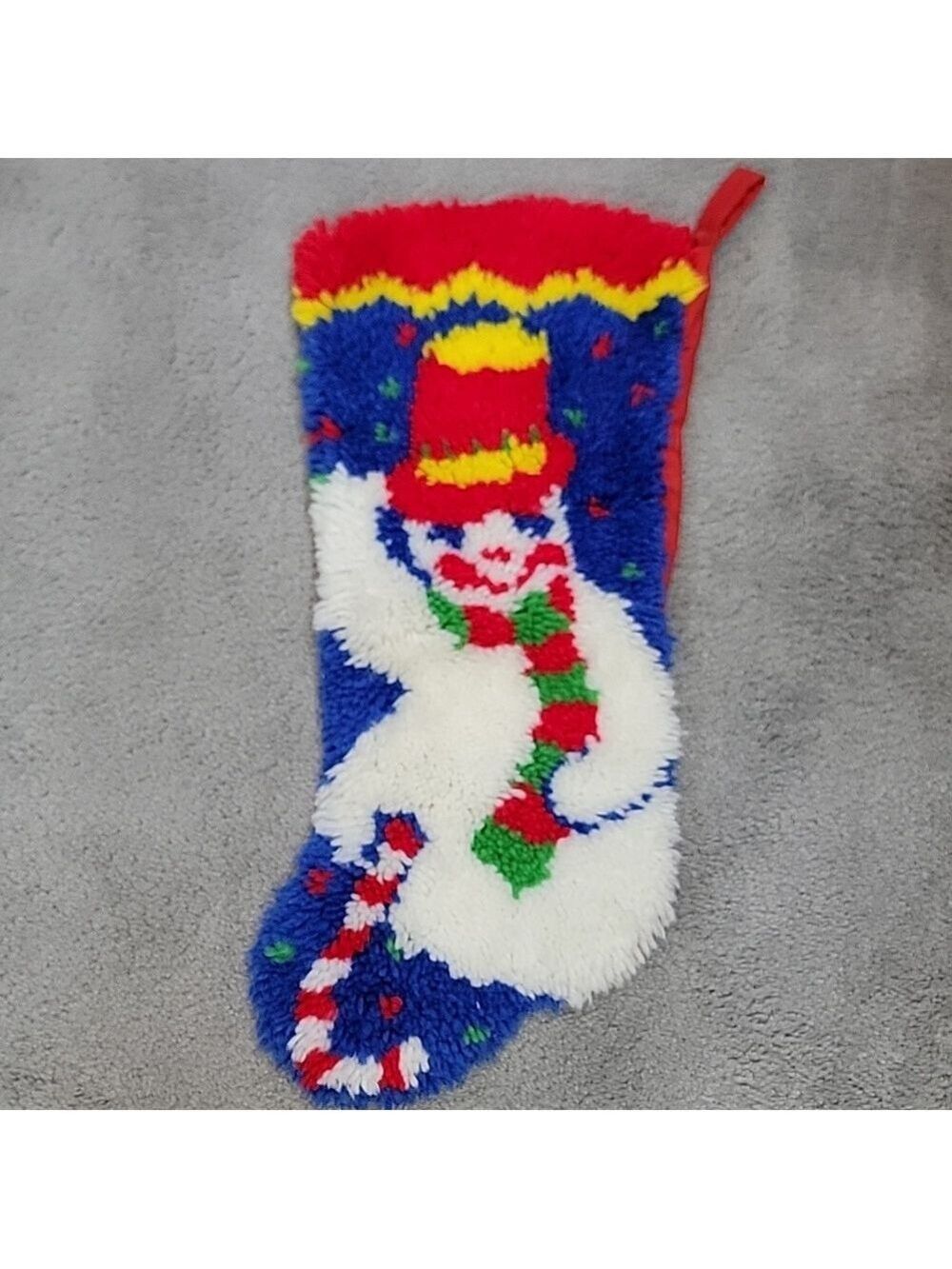 Vintage oversized Latch hook rug snowman Christmas stocking